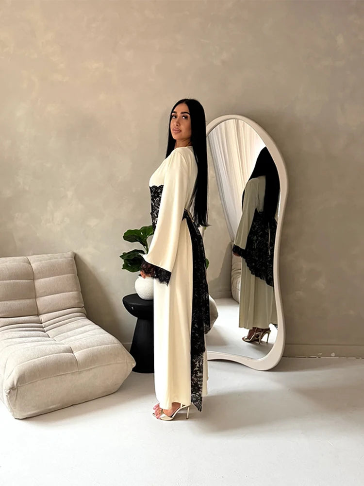 Elegant Women's Dress Full Sleeve Lace Patchwork Solid Straight Loose Female Dresses 2026 Spring Summer Casual Fashion Lady Robe