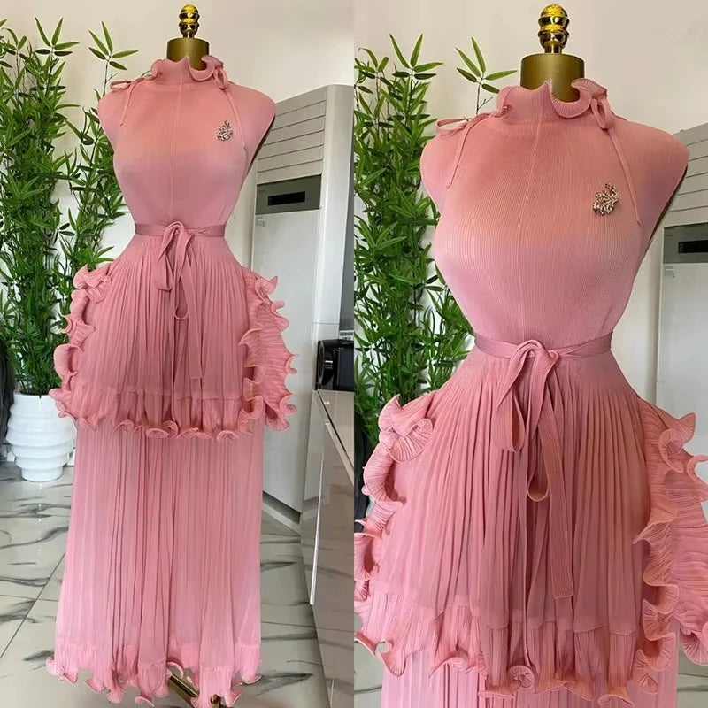 Miyake Pleated Dress Women Round Neck Sleeveless Solid Color Loos Style Patchwork New Tide 2025 Dresses