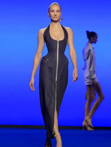 2025 New Women Celebrity Sexy Backless Halter Blue Zipper Denim Maxi Long Gowns Dress Elegant Evening Party Club Vestido