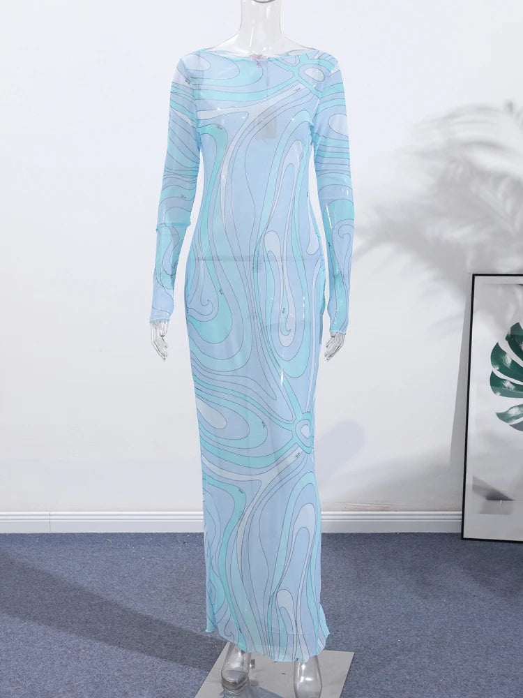 Elegant Print Mesh Long Dress For Women Sexy Deep O-neck Sleeveless Perspective Maxi Dress Lady Summer Chic Beach Robes