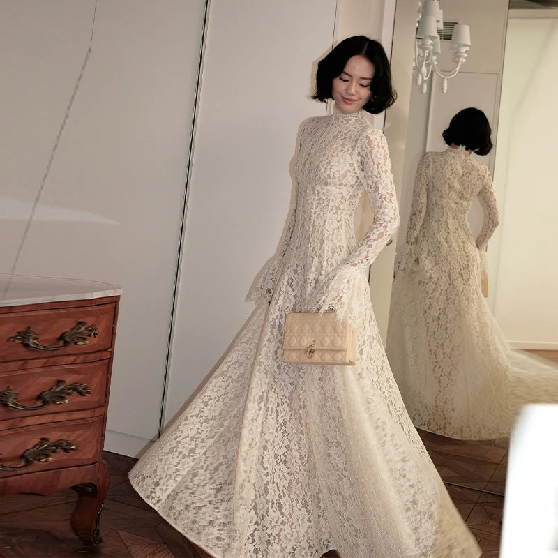 Elegant French Lace Maxi Dress Modest Vintage Trendy Women's Dresses Evening Party Wedding Guest Formal Street Soft Wear