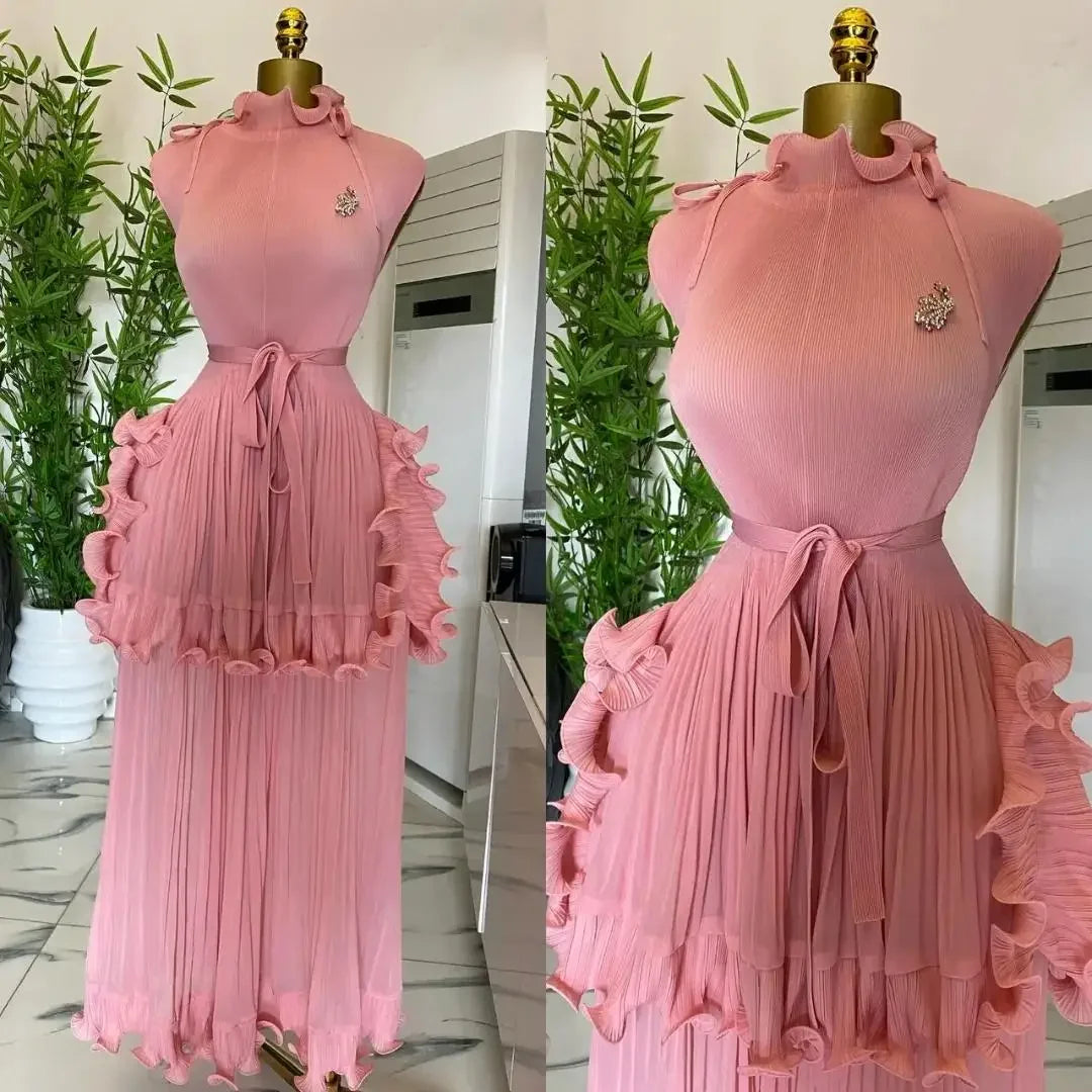 Miyake Pleated Ruffle Collar Dress with Temperament, Solid Color Sleeveless Ball, Elegant Plus Size Long Dress, 2025 Summer