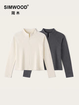 SIMWOOD 2026 Autumn New Women's Half Zip Up Stand Collar Cropped Long Sleeve T-Shirt Regular Fit Raglan Sleeve Tops