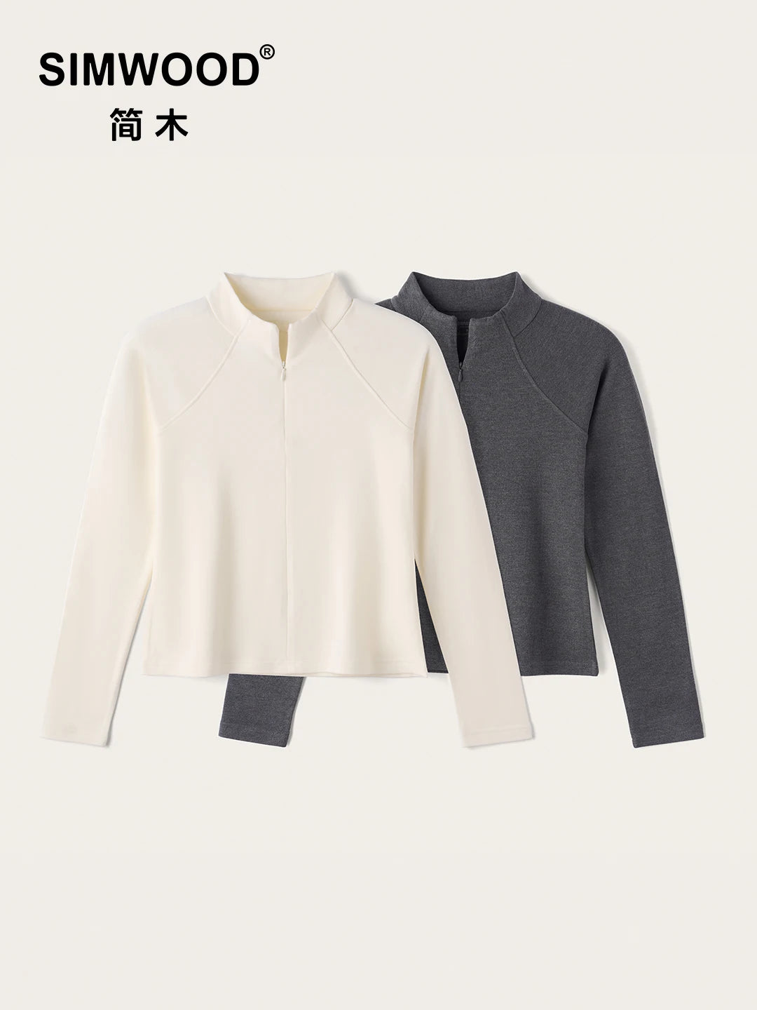 SIMWOOD 2026 Autumn New Women's Half Zip Up Stand Collar Cropped Long Sleeve T-Shirt Regular Fit Raglan Sleeve Tops