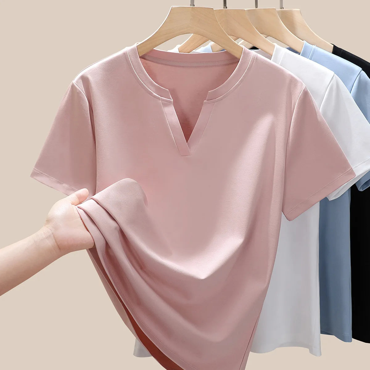 Women's 80s Double-Sided Mercerized Pima Cotton V-Neck T-Shirt 2025 Summer Oversized Slim Fit Soft Breathable Casual Comfy Top