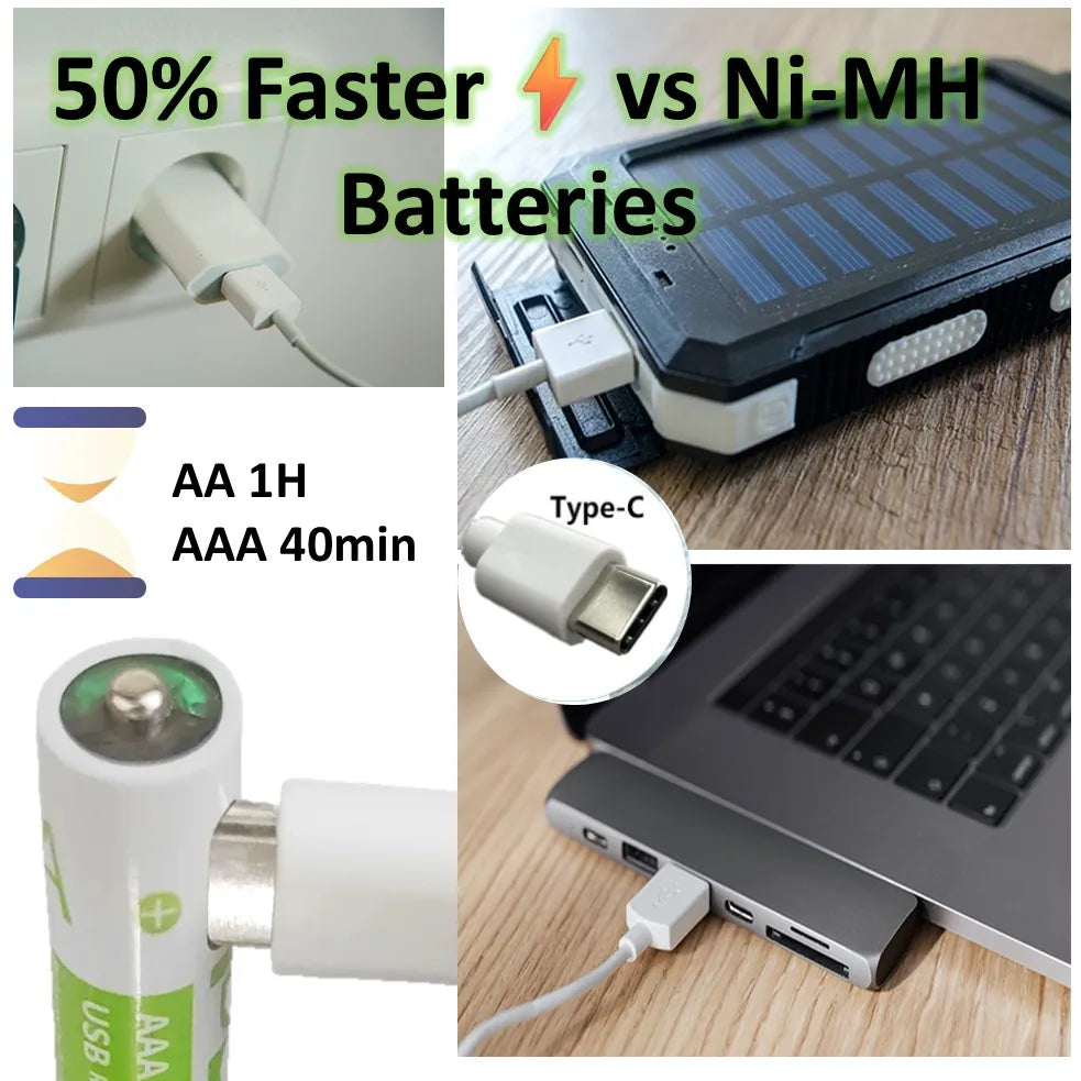 1.5V AA/AAA Li-ion Batteries 13600+6800mAh Ultra-Fast Charge 2000+ Cycles W/ Free USB-C Cable for Toys, Remote Controls, Cameras