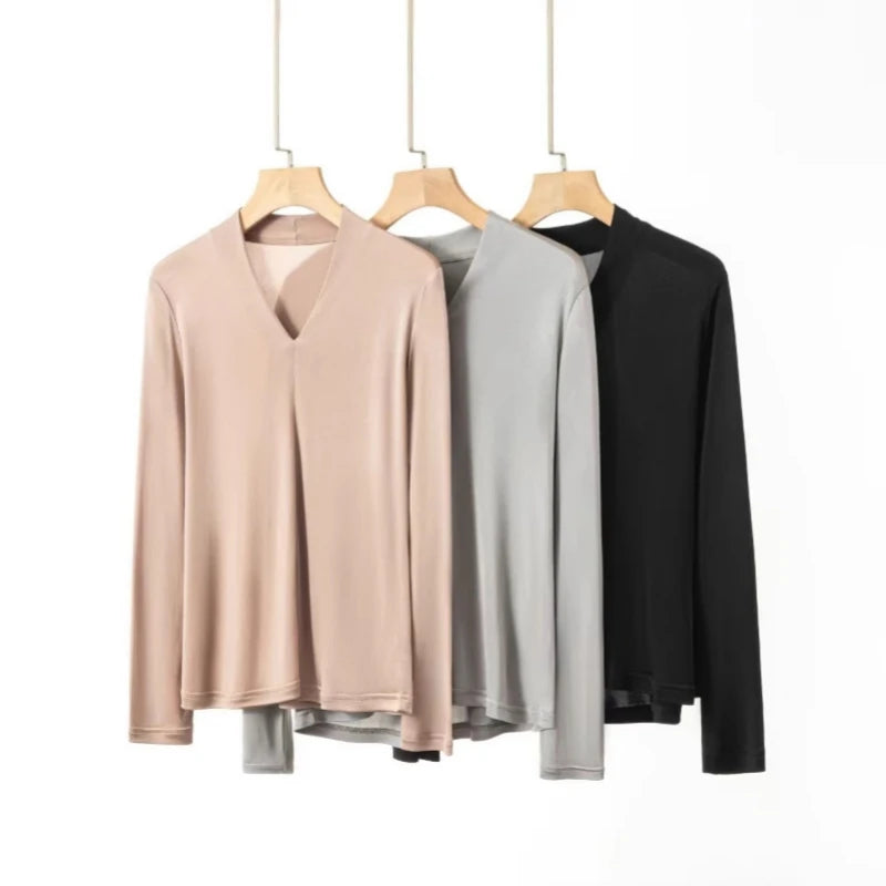 Birdtree, 20% Real Silk Solid Undershirt, Women Full Sleeve V-neck Basics Tops, Commuting Style, 2026 Autumn New Shirt T67418JF
