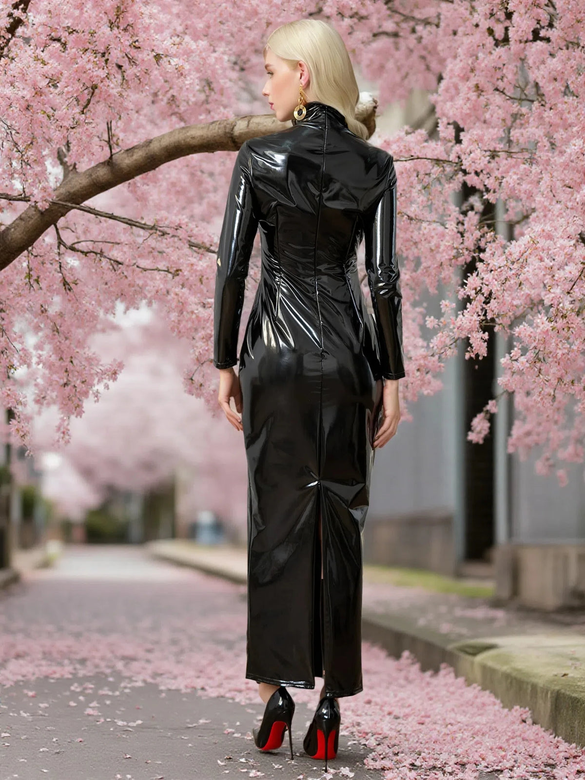 Women's Sexy Faux Leather Dress Turtleneck Long Sleeve Slim Bodycon PU Leather