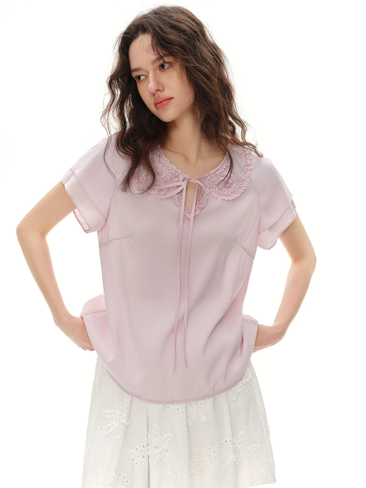 DUSHU 2026 New Arrival Summer Women's Pastel Ruffle Chiffon Blouse, Short Sleeve Flowy Feminine Top for Soft Romantic Style