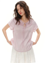 DUSHU 2026 New Arrival Summer Women's Pastel Ruffle Chiffon Blouse, Short Sleeve Flowy Feminine Top for Soft Romantic Style