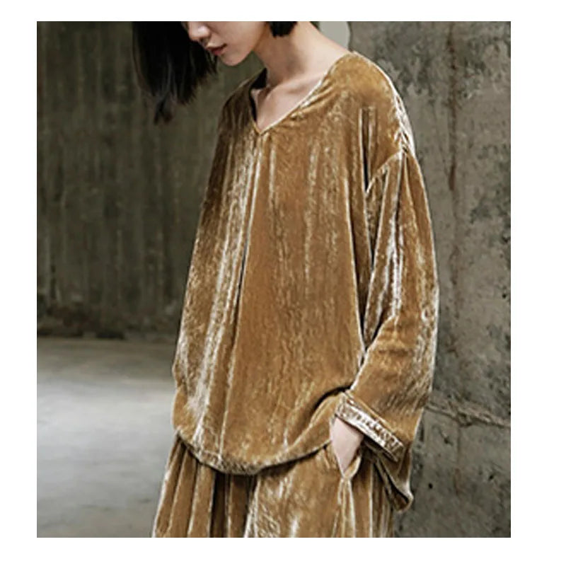 Original Design Spring Autumn Women's Mulberry Silk Velvet V-neck Pullover Loose Large Size Pleated Shirt Smooth Glossy Clothes