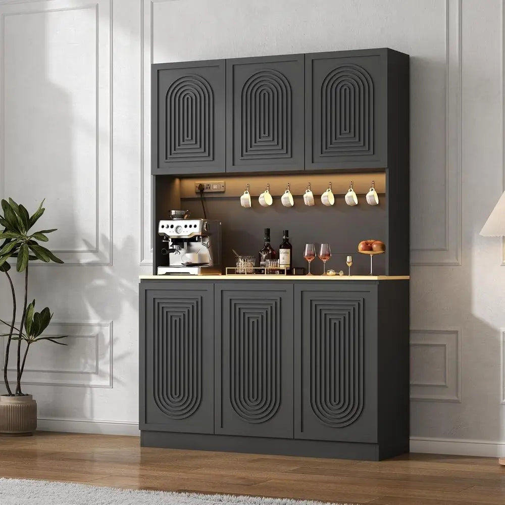 Large 71 Black Kitchen Pantry Cabinet with Adjustable Shelves, LED Light & Power Outlet, Ideal for Storage or Dining Room