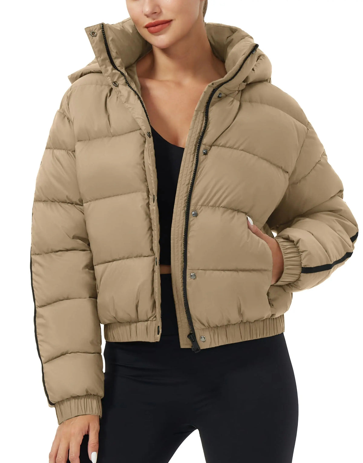 Pioneer Camp Women's Winter Cropped Puffer Jacket with Hood Waterproof Short Warm Quilted Jacket Puffy Bubble Coat Outerwear