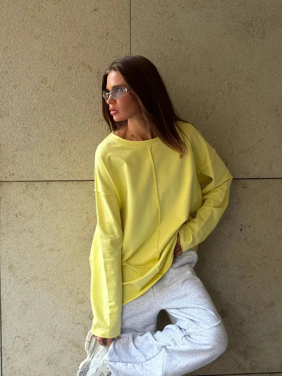 New Autumn Women's Cotton T-Shirt Long Sleeve Top Oversized Round Neck Pullovers 2026 Female Clothes Soft Basic Loose Shirts