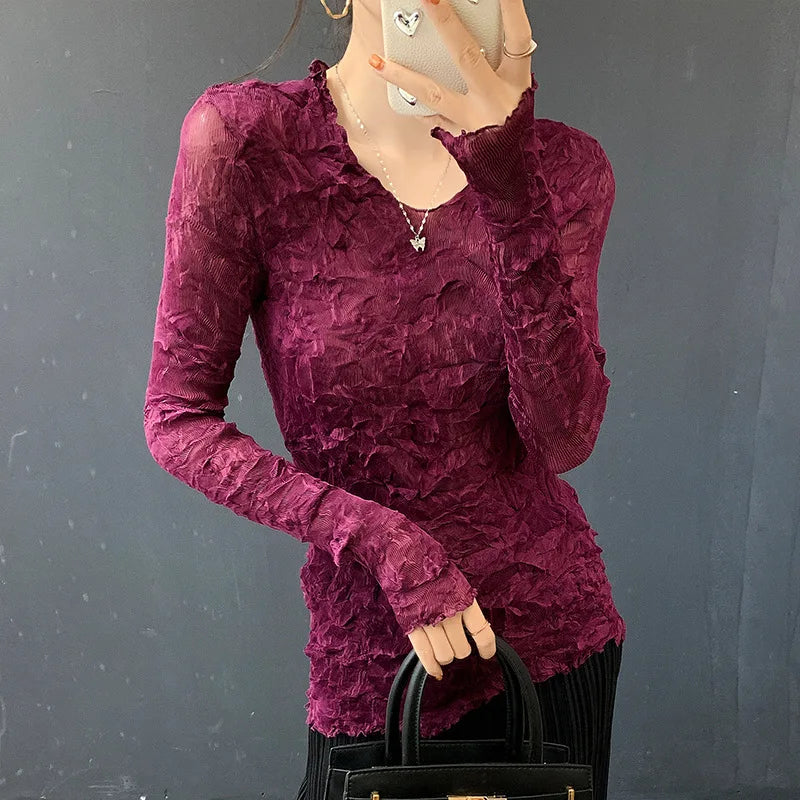 LANMREM Grey 2026 Spring Summer New Handmade Pleated Women's T-shirt Long Sleeve High Elastic Slimming Pullover Tops 2DB6772
