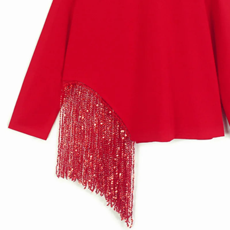 [EWQ] Korean Style Unique Design Beaded Tassel T-Shirt Long Sleeve Beautiful Pullover All Match T Shirt For Women Autumn New
