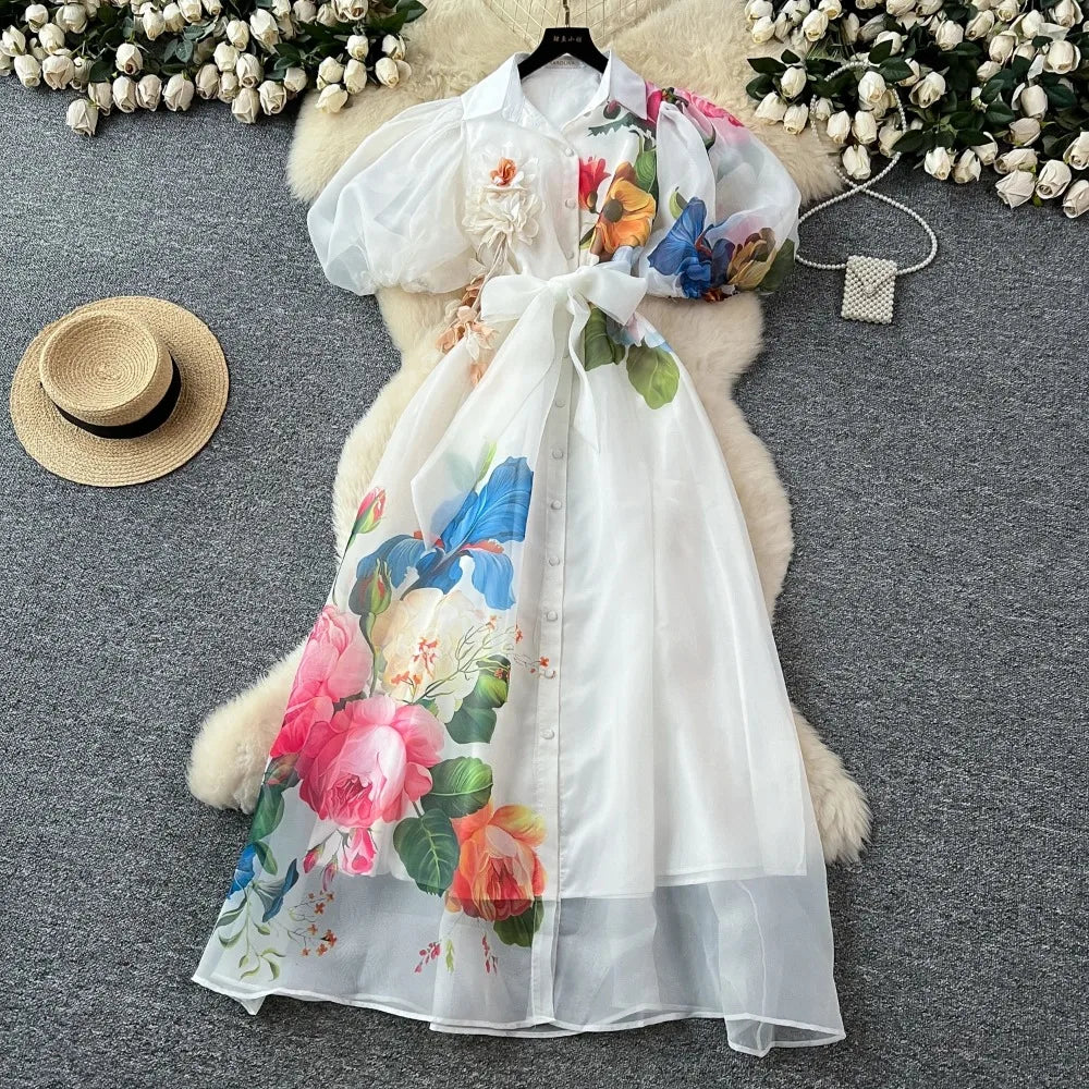 Chic vintage Sexy print mesh lace-up button Fairy Summer Women Boho Sundress women clothing Long dress