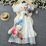 Chic vintage Sexy print mesh lace-up button Fairy Summer Women Boho Sundress women clothing Long dress