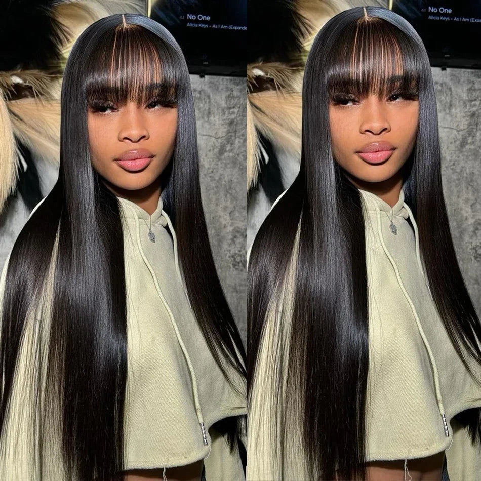 3x1 Middle Part Lace Wig Bone Straight Human Hair Wig With Bangs Cheap Wigs Full Machine Made Fringe Glueless Wigs for Women