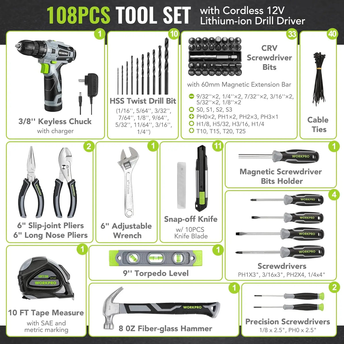 108PCS Cordless Drill Tool Kit with 12V Battery, Keyless Chuck, Variable Speed for Home DIY Projects