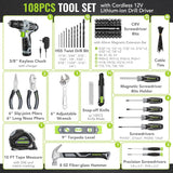 108PCS Cordless Drill Tool Kit with 12V Battery, Keyless Chuck, Variable Speed for Home DIY Projects