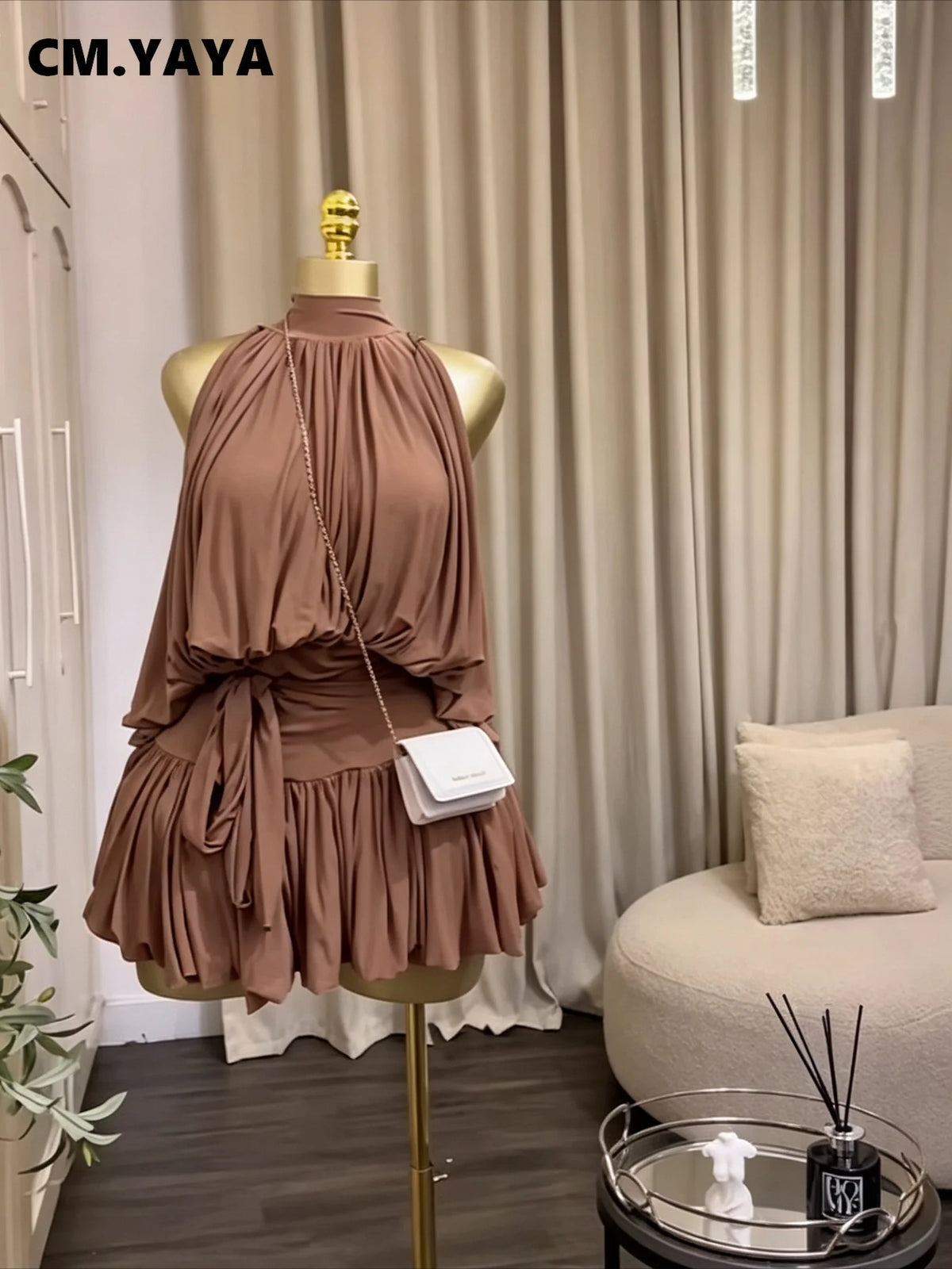 CM.YAYA Women Dress Sleeveless Halter Ruched Ball Gown Mini Dress with Shorts 2026 Beach Party Elegant Holiday Birthday Outfits