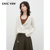 CHIC VEN New Women T-Shirts Cross V-neck Two-piece Contrast-color Halter Vest Lady Long-sleeved Top Pullover Spring Autumn 2026