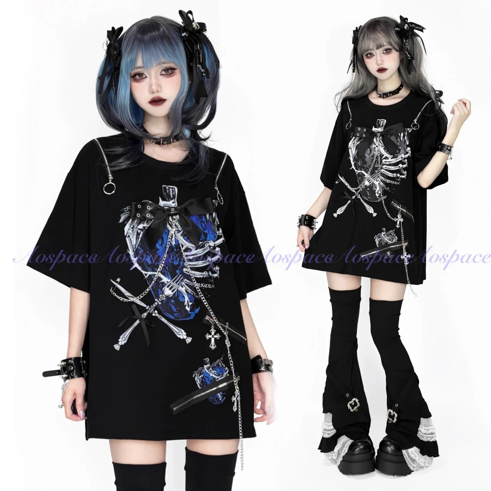 Original Dark Subculture Punk Style Off-Shoulder Short Sleeve Round Neck Printed Chain Bow Loose Casual T-Shirt Top Women Summer