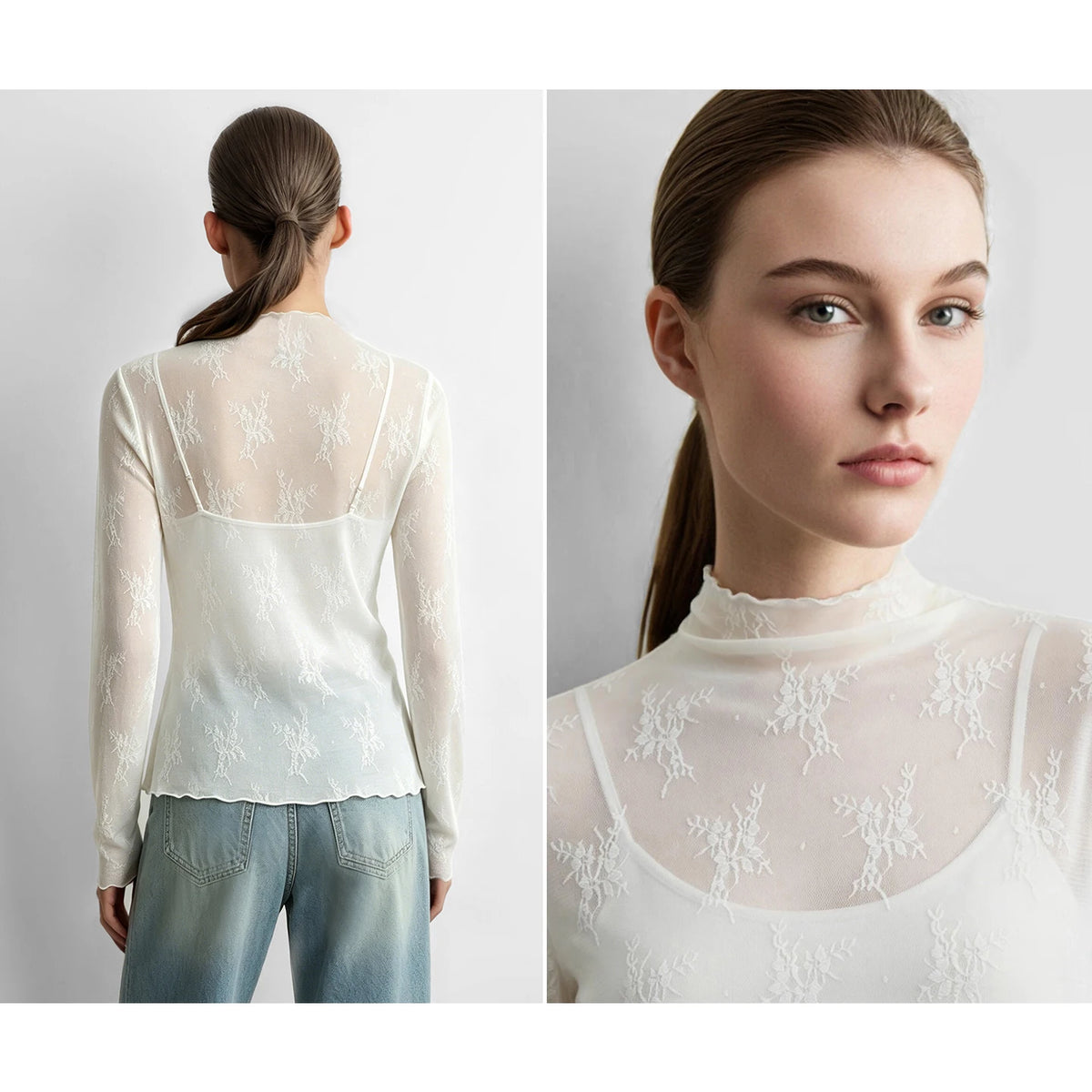 Amii Women's T-Shirts Mock Neck 2026 Autumn Long Sleeve Jacquard Lace Knitted Tops Slim Elegant Commute Woman Cloting 12623032
