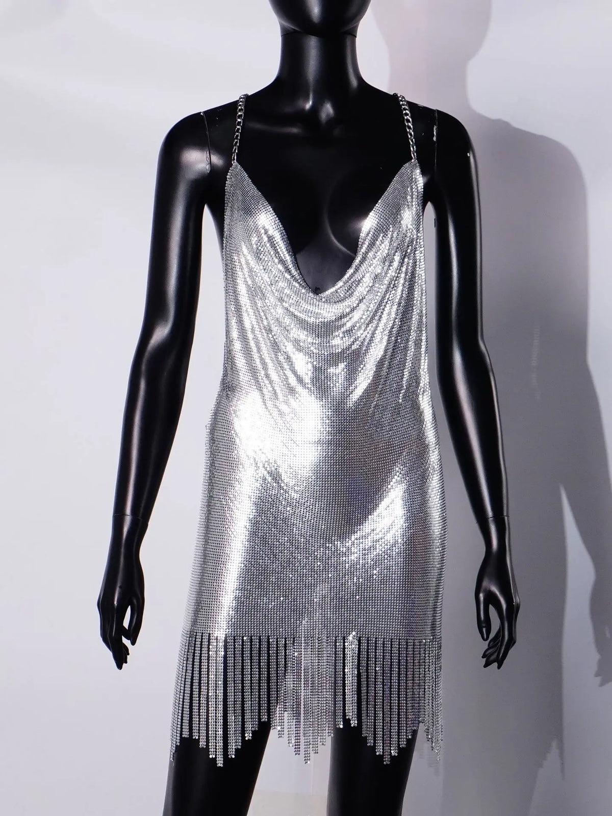 Halloween Women Metal Sequins Dress Sexy Backless Tassel V Neck Sleeveless Mini Dress Rave Festival Party Evening Dresses