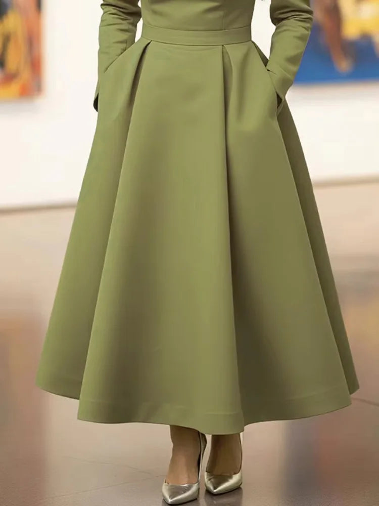 Olive Green Asymmetric Collar Long-Sleeve Midi Dress Elegant A-Line Wedding Guest Gown with Pockets Formal Bridal Event Outfit