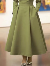 Olive Green Asymmetric Collar Long-Sleeve Midi Dress Elegant A-Line Wedding Guest Gown with Pockets Formal Bridal Event Outfit