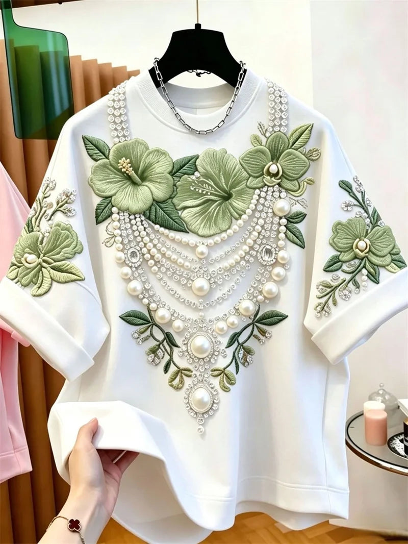 Fashion Bead Flower Embroidery Loose Short Sleeved T-shirt 2026 Summer New Lazy Style Casual Top Men's and Women's Clothing