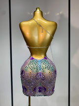 Sprakly Rhinestones Women Sexy Mesh See Through Hollow Out Mini Dresses Luxury Birthday Birthday Photo Shoot Performance Costume