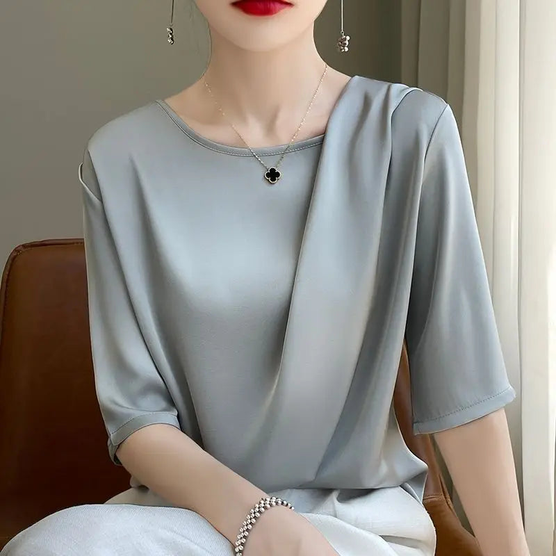 Fashion Casual Loose Ladies Solid Color Silk Short Sleeve T-Shirt Simplicity Elegant Trend Temperament Pullovers O-neck