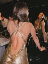 Sexy Metallic Sequin Mini Dress For Women Backless Cocktail Club Glitter Low Cut Halter Dress Rave Party Nightclub Dresses