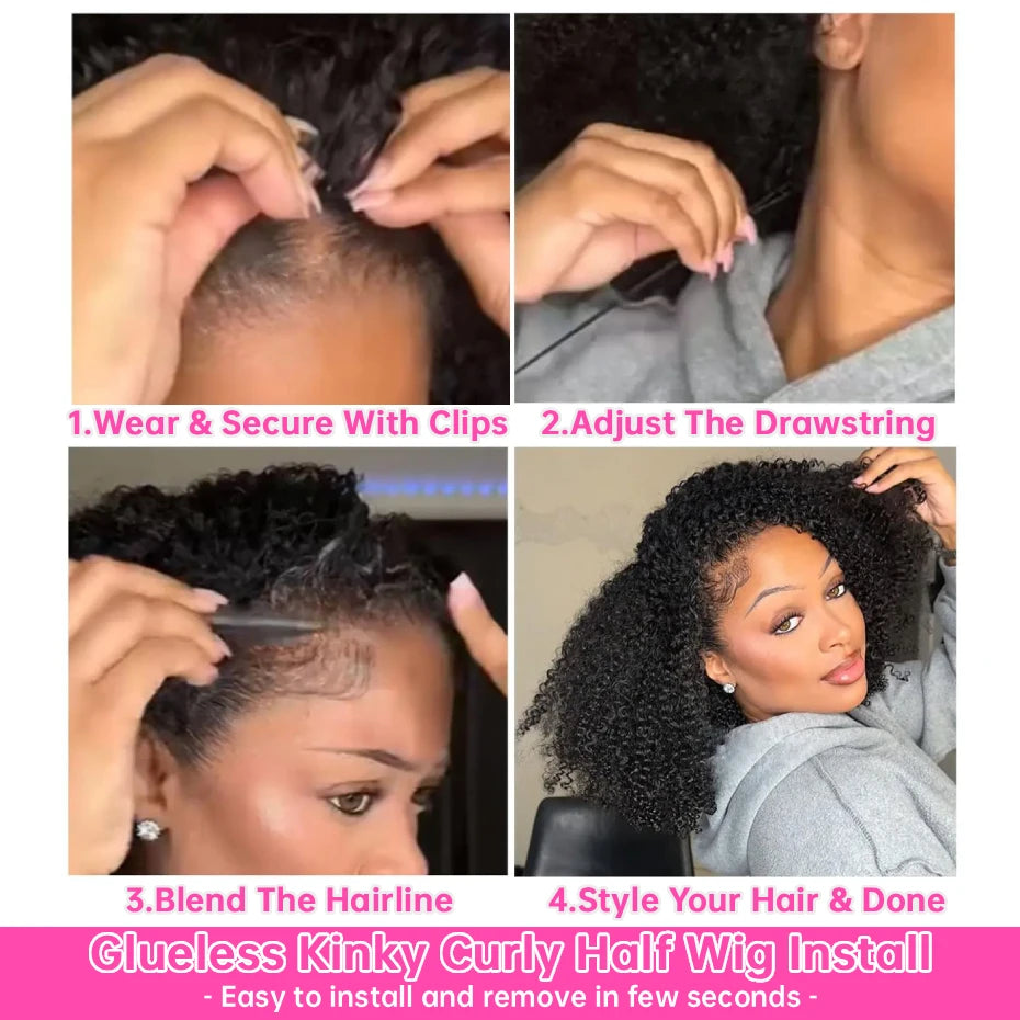 250 Density Kinky Curly Half Wig Double Drawn Invisible Drawstring Machine Made Wigs Human Hair Invisible Hairline Half Wig Natural Colored Ponytail Ready To Wear Vietnamese Human Hair Wig 18 20 22 24 26 Inch Free Shipping