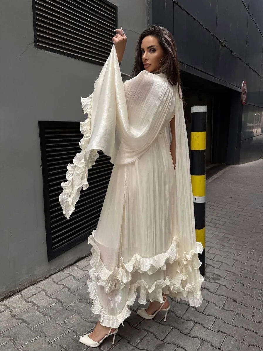 Multi-layer Ruffled Hem Sleeveless With Cape Maxi Dress Women Round Collar Lace Up Long Dresses 2026 New Evening Party Robes