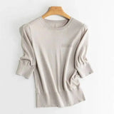 Women 5% Mulberry Silk Knit T-shirt Spring Summer Thin Half Sleeve Knitwear Pullover Tops