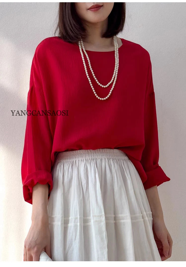 2025 Women's Leisure Summer New 100% Natural Mulberry Silk Bubble Crepe Long Sleeve Air Feel Loose Round Neck Solid T-shirt