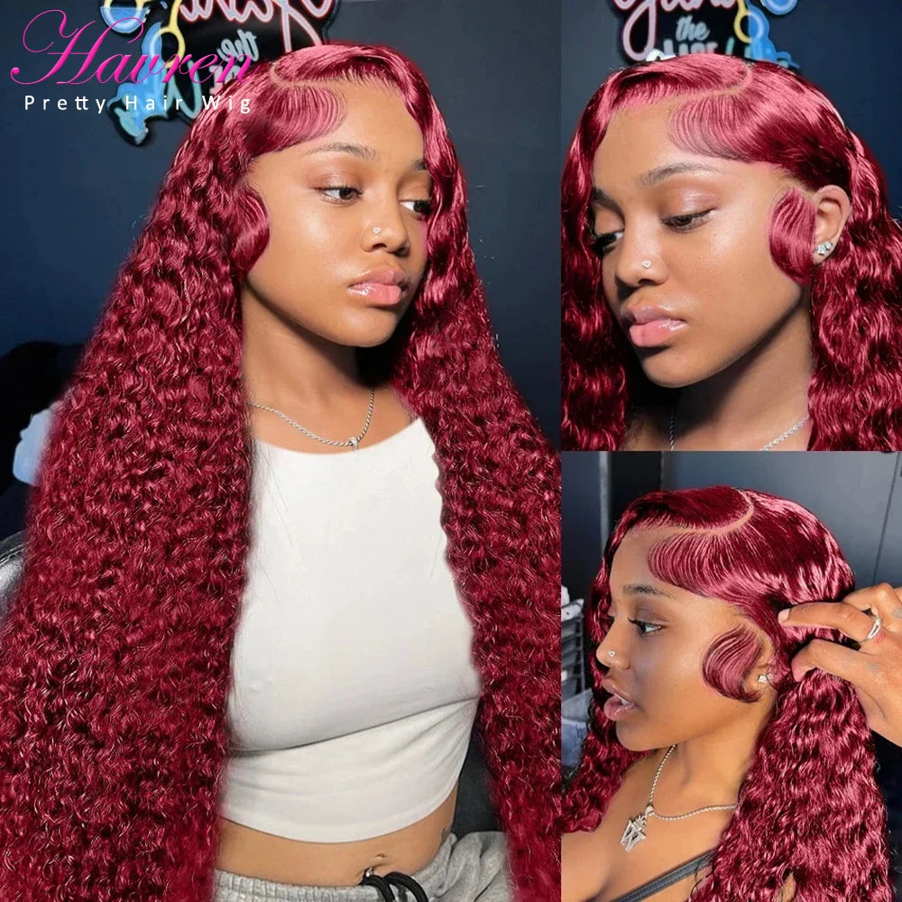 99J Burgundy Lace Front Wigs Human Hair 13x6 Deep Wave HD Lace Frontal Wigs Pre Plucked Human Hair Curly Wigs for Women 36 Inch