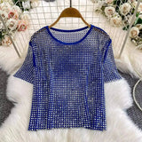 SHENGPALAE 2026 New Autumn Fashion Women Clothing Round Neck Short Sleeves Mesh Hollow Out Pullover T-shirt