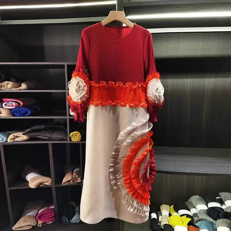 LANMREM Pleated Tie Flower Long Sleeve Women's Dress Chic New Loose Colorblock Patchwork Design Beading Famale Clothing 2DB6651