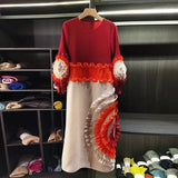 LANMREM Pleated Tie Flower Long Sleeve Women's Dress Chic New Loose Colorblock Patchwork Design Beading Famale Clothing 2DB6651