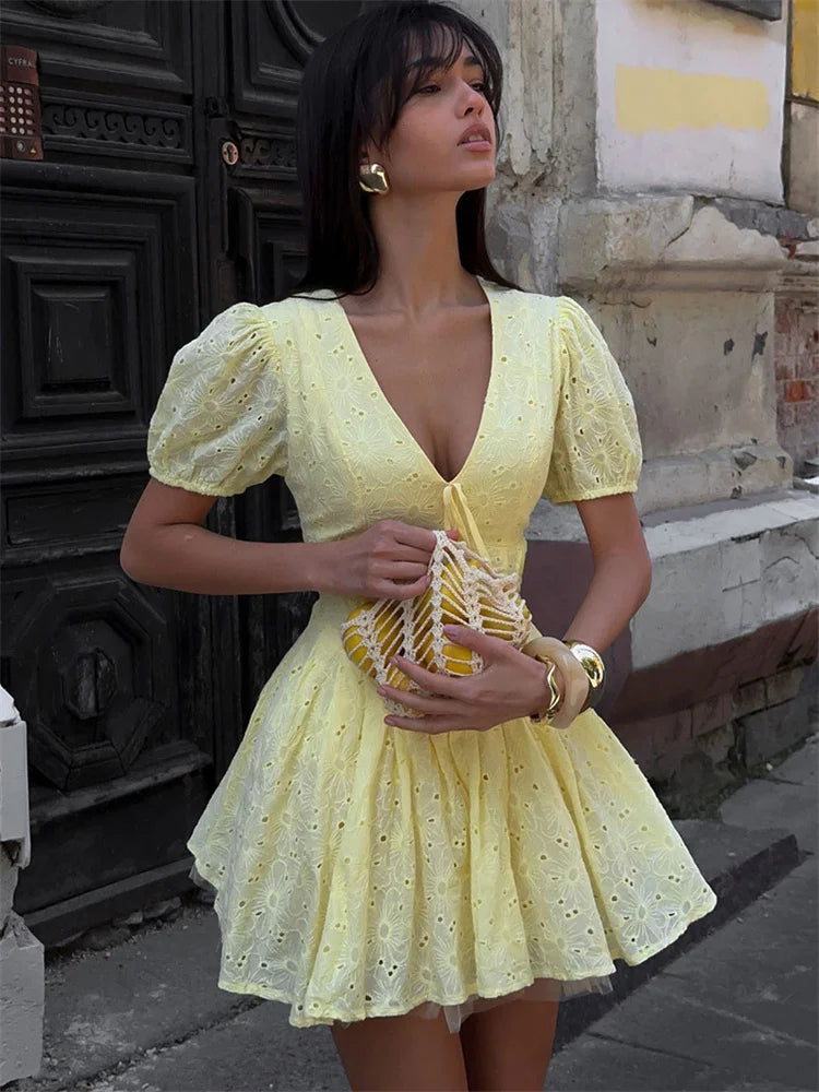 Tossy Yellow Lace-Up Printed Mini Dress Women's V-Neck Slim Short Sleeve Elegant Commute Bandage Dress Evening Ladies Clothes