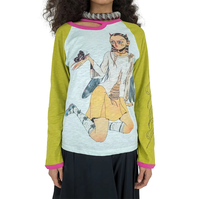 Y2K Personalized Dragonfly Print Unisex Long Sleeve Thin Cotton Bamboo T-Shirt Summer Commute Style Creative Cartoon Pattern