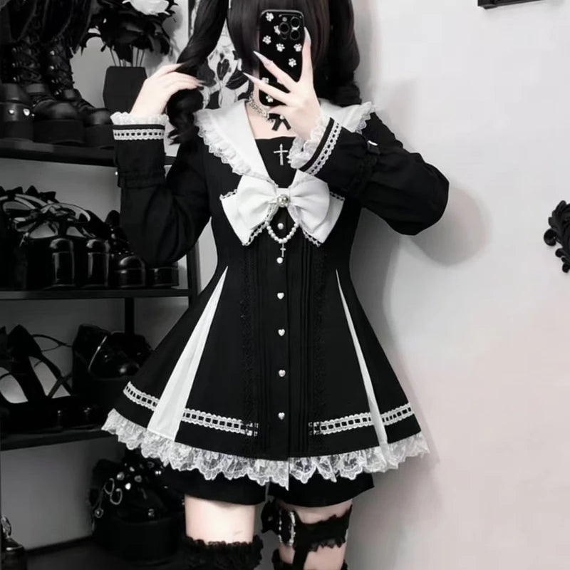 Japanese Gothic Y2k Lolita Style Bow Dress Shorts Set Women Elegant Lace Long Sleeve Button Shirt Party Dresses Slim Mini Dress