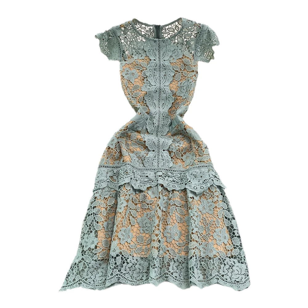 Retro Court Sle round Ne Fly Sve Slimming Soluble Hook Flower Hollow A-Line Dr Summer New Arrival Women's Faion
