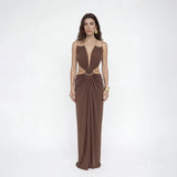 Sexy Women Dress Hollow Sleeveless Deep V Neck Big Backless Hip Package Long Dresses Elegant Summer New Beach Holiday Robes Lady