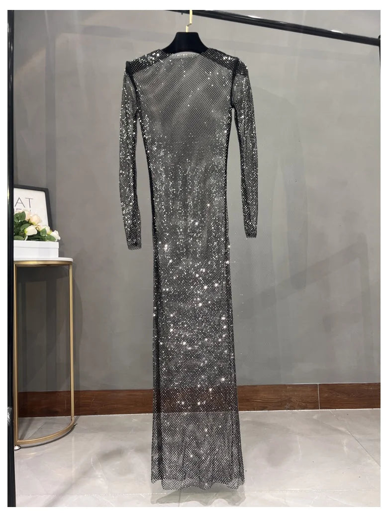 Club Apparel Sexy Rhinestone Dresses Long Sleeve Extra Diamond Dress